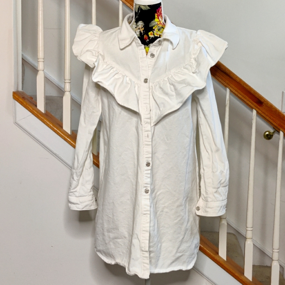 ZARA White Cream Denim Button Up Ruffle Dress
